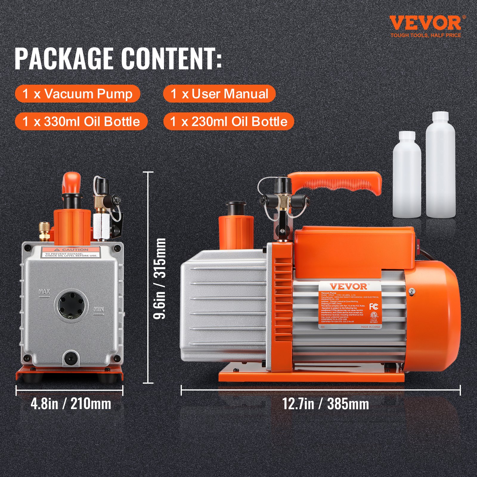 VEVOR 2-stage rotary vane vacuum pump, 1/2 HP, 5 CFM, designed for HVAC service, refrigeration preservation & resin degassing, with 1/4 inch SAE, 3/8 inch SAE & 1/2 inch ACME blade inlets