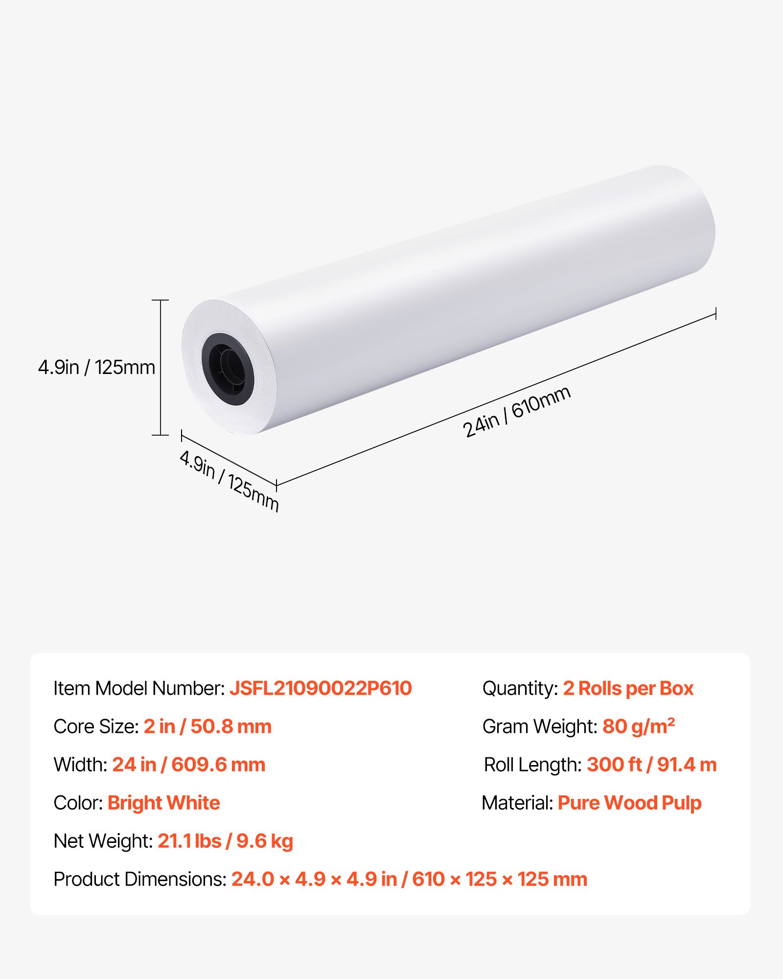 VEVOR Breitformatpapier Papierrollen 609,6 mm (B) / 91,4 m (L), 2 Rollen 20 lb Plotterpapierrollen ideal für CAD-Zeichnungen technische Pläne GIS-Karten Architekturentwürfe Plotterpapier
