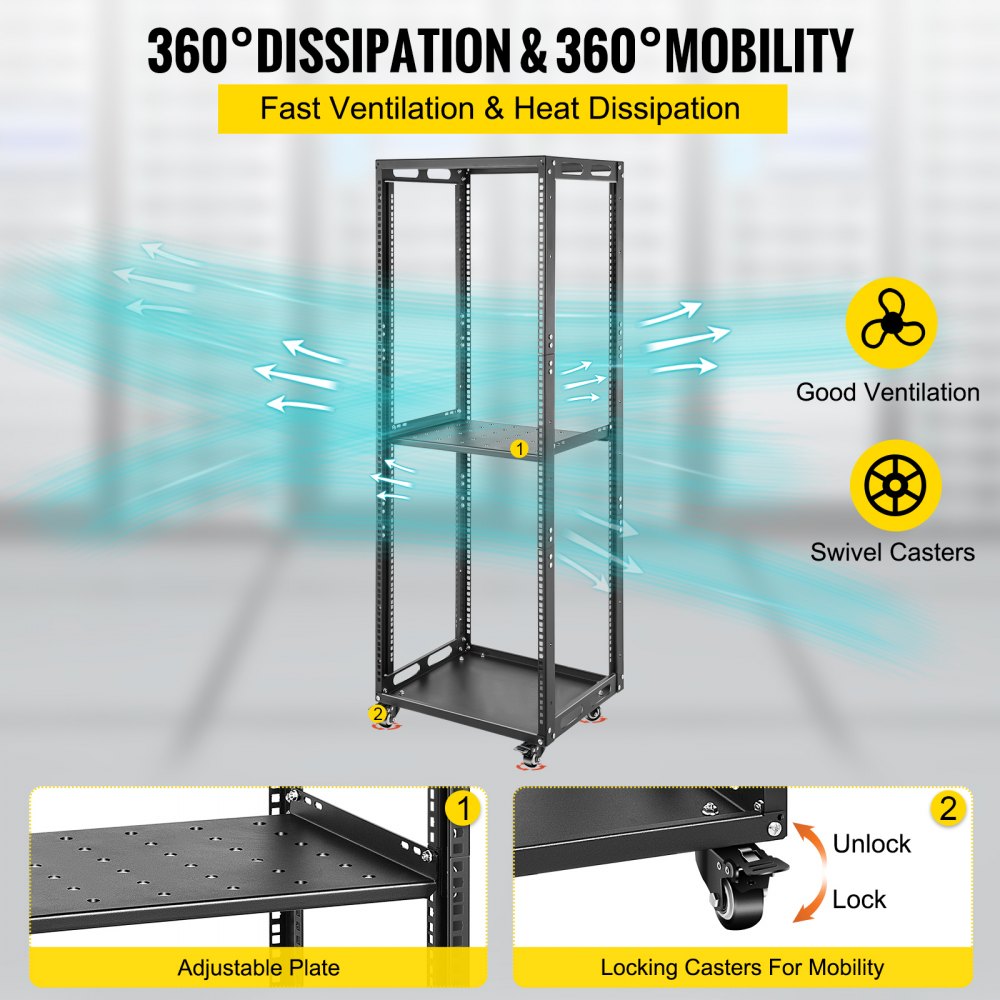 VEVOR Open Frame Server Rack 27U, 4 Pfosten Server Rack, Schwarz,19-Zoll Serverschrank (27HE, Laborgestell, Tiefenverstellbar, Tragfähigkeit 180 kg), für verschiedenen Szenarien