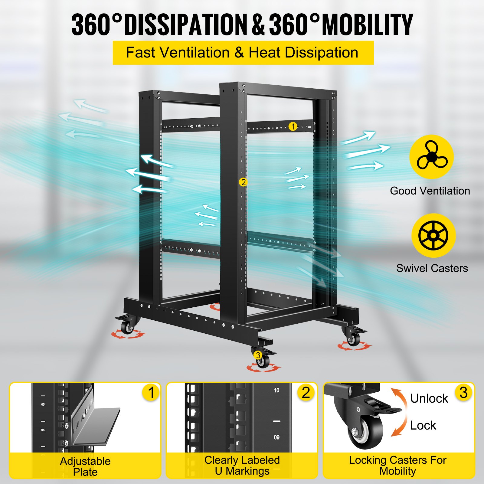 VEVOR Open Frame Server Rack, Netzwerk Rack 48,8 cm (19 Zoll)，Open Frame Rack 15HE, 4 Pfosten Schwerlast Rack 1-15 U Tief, Serverschrank tiefenverstellbar mit Rollen， Tragfähigkeit 180 kg