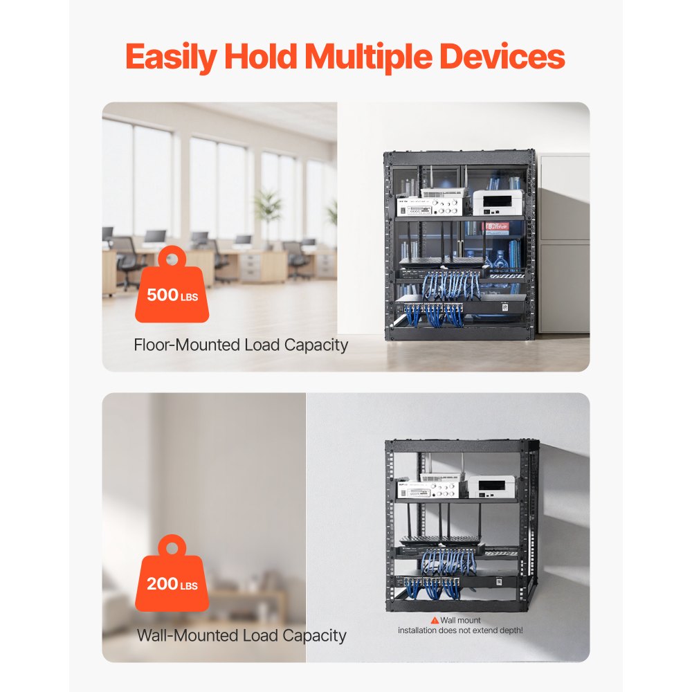 VEVOR 12U Open Frame Network Rack, 585 mm Depth, Wall Mounted or Floor Standing Server Rack, Heavy Duty 4 Post, with Vented Shelves & Mounting Hardware, Holds All Your Networking IT Equipment AV Gear
