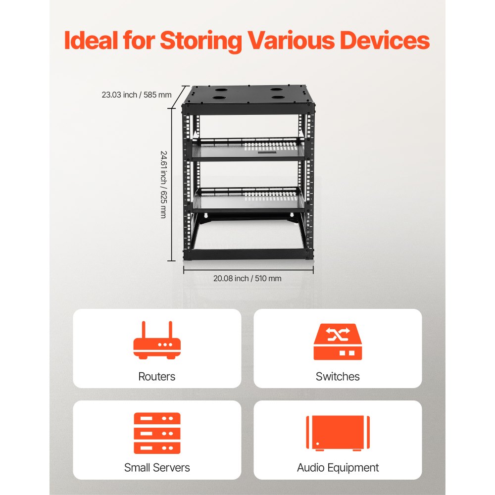 VEVOR 12U Open Frame Network Rack, 585 mm Depth, Wall Mounted or Floor Standing Server Rack, Heavy Duty 4 Post, with Vented Shelves & Mounting Hardware, Holds All Your Networking IT Equipment AV Gear