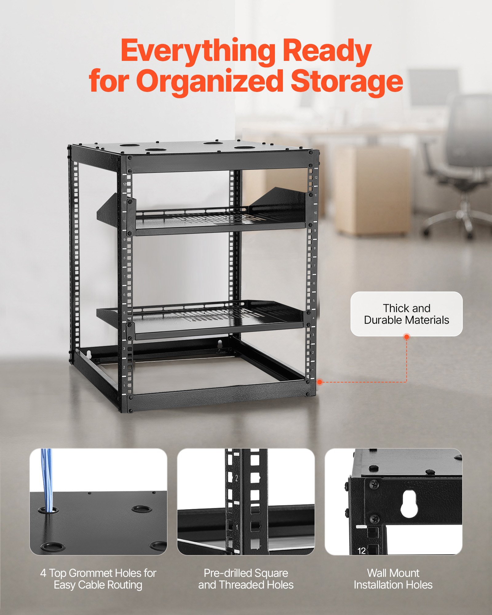 VEVOR 12U Open Frame Network Rack, 585 mm Depth, Wall Mounted or Floor Standing Server Rack, Heavy Duty 4 Post, with Vented Shelves & Mounting Hardware, Holds All Your Networking IT Equipment AV Gear