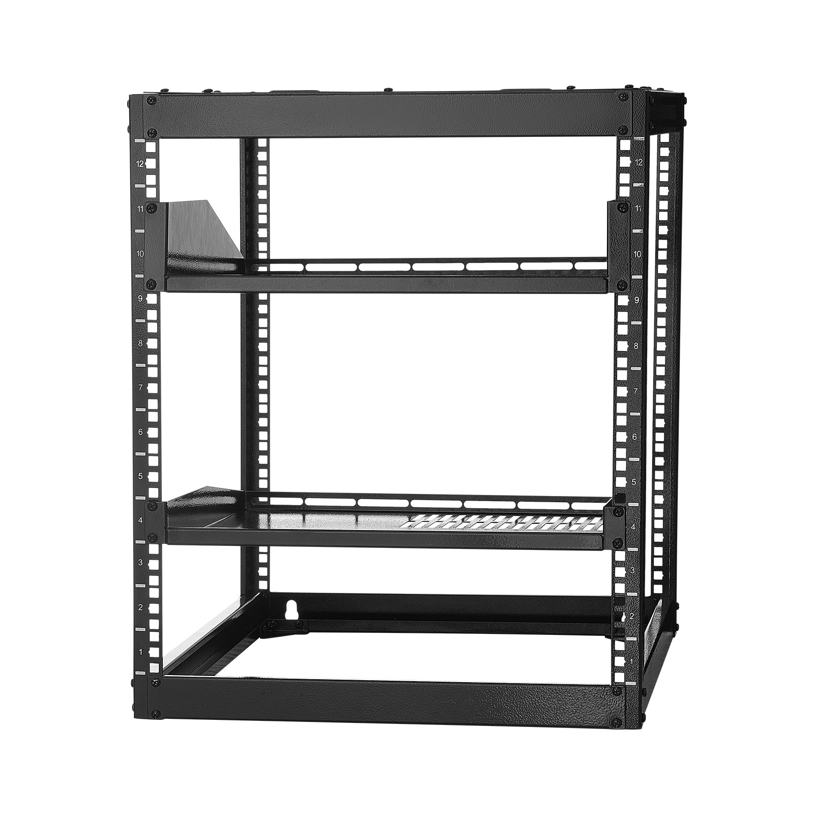 VEVOR 12U Open Frame Network Rack, 585 mm Depth, Wall Mounted or Floor Standing Server Rack, Heavy Duty 4 Post, with Vented Shelves & Mounting Hardware, Holds All Your Networking IT Equipment AV Gear