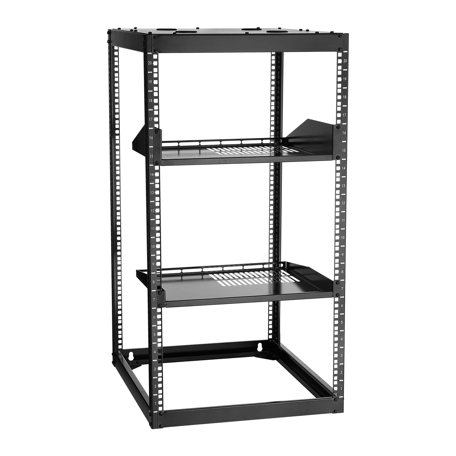 VEVOR 20U Open Frame Netzwerk-Rack, 585 mm Tiefe, Wandmontage oder Stand-Server-Rack, 4-Pfosten-Konstruktion, mit belüfteten Regalen & Montagezubehör, für Netzwerk-IT-Geräte & AV-Ausrüstung