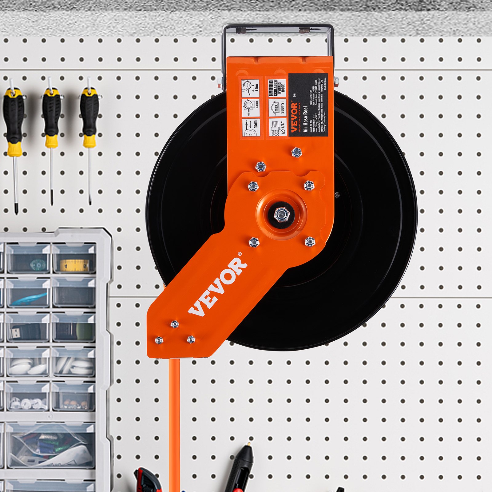 VEVOR Schlauchtrommel Gummi und PVC 9,5mmx15,24m Schlauchaufroller Automatik Luftschlauchtrommel Max. Arbeitsdruck 300PSI/20Bar Druckluftschlauchtrommel für Autohäuser Werkstatt Heimstudio Garage