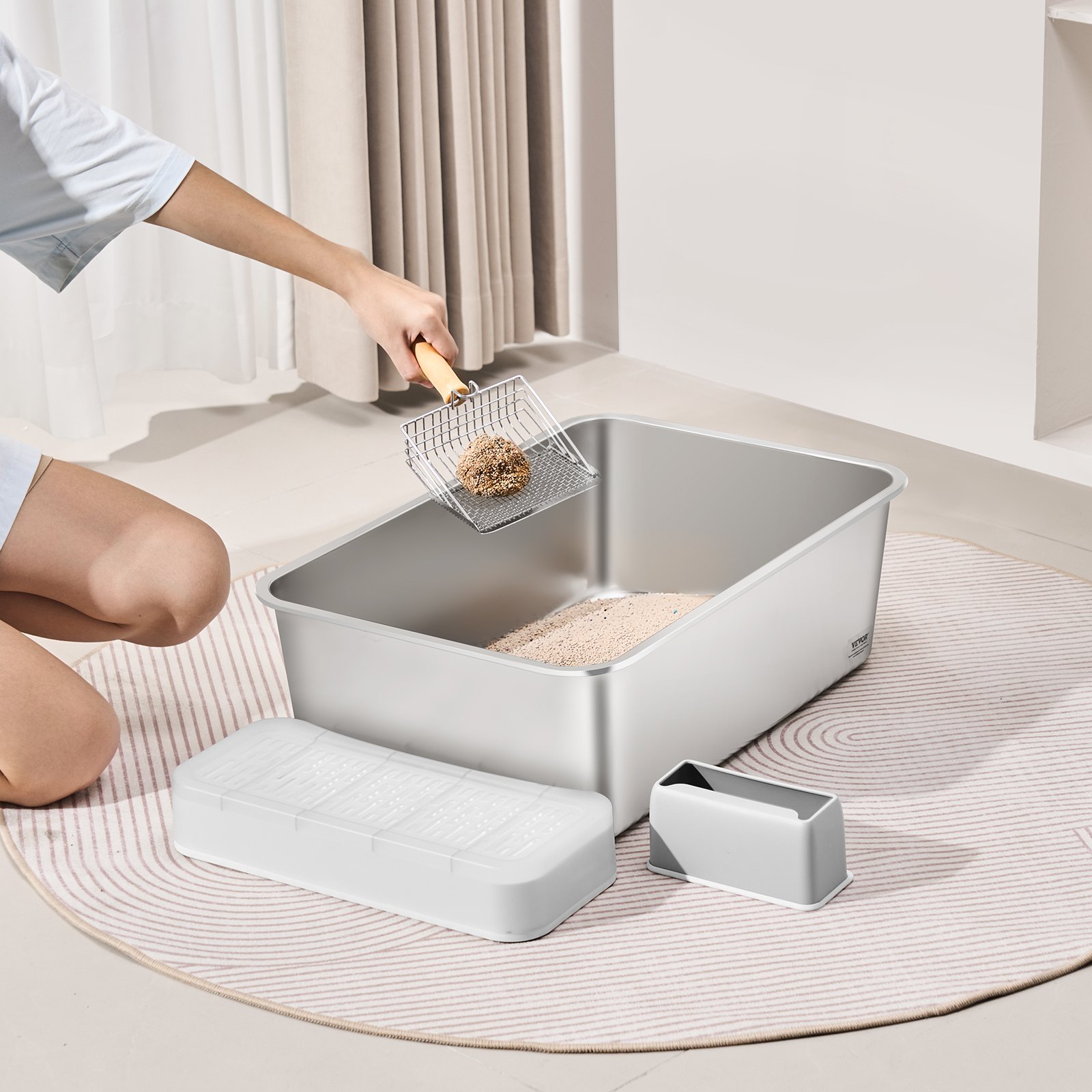 VEVOR Katzenklo 3er-Set, 600 x 400 x 200 mm, XL extragroße Katzentoilette aus Edelstahl mit Schaufel, breitem Filter-Fußteil & hohem Rand, geruchsfreie, geruchsfreie Schalentoilette für große Katzen