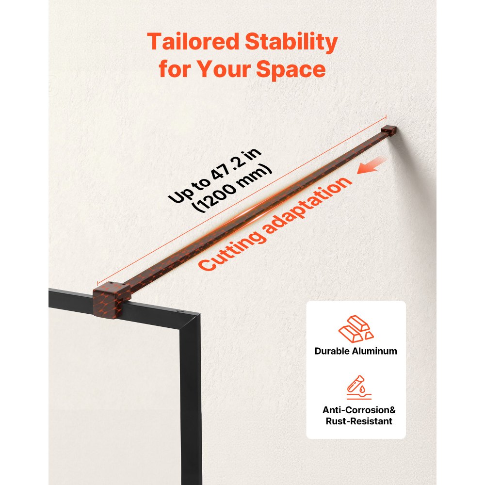 VEVOR feststehende Duschwand aus Glas (864 x 1870 mm) rahmenlos, 8 mm dicke, klare Sicherheitsglastür mit Bodendichtung und Beschlägen, Duschtrennwand Duschabtrennung für Badezimmer, Mattschwarz