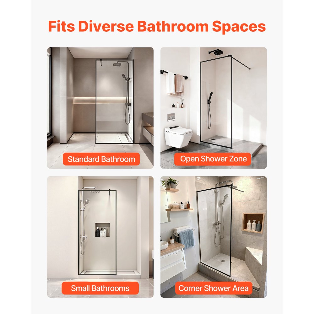 VEVOR feststehende Duschwand aus Glas (864 x 1870 mm) rahmenlos, 8 mm dicke, klare Sicherheitsglastür mit Bodendichtung und Beschlägen, Duschtrennwand Duschabtrennung für Badezimmer, Mattschwarz