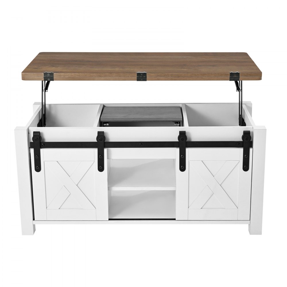 VEVOR Lift Top Couchtisch 100 cm, rustikaler Kaffeetisch mit Scheunentor & verstecktem Staufach, rechteckige Hubtischplatte für Wohnzimmer Büro Zuhause, Wohnzimmertisch Sofatisch Braun + Weiß