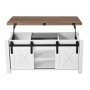 VEVOR Lift Top Couchtisch 100 cm, rustikaler Kaffeetisch mit Scheunentor & verstecktem Staufach, rechteckige Hubtischplatte für Wohnzimmer Büro Zuhause, Wohnzimmertisch Sofatisch Braun + Weiß