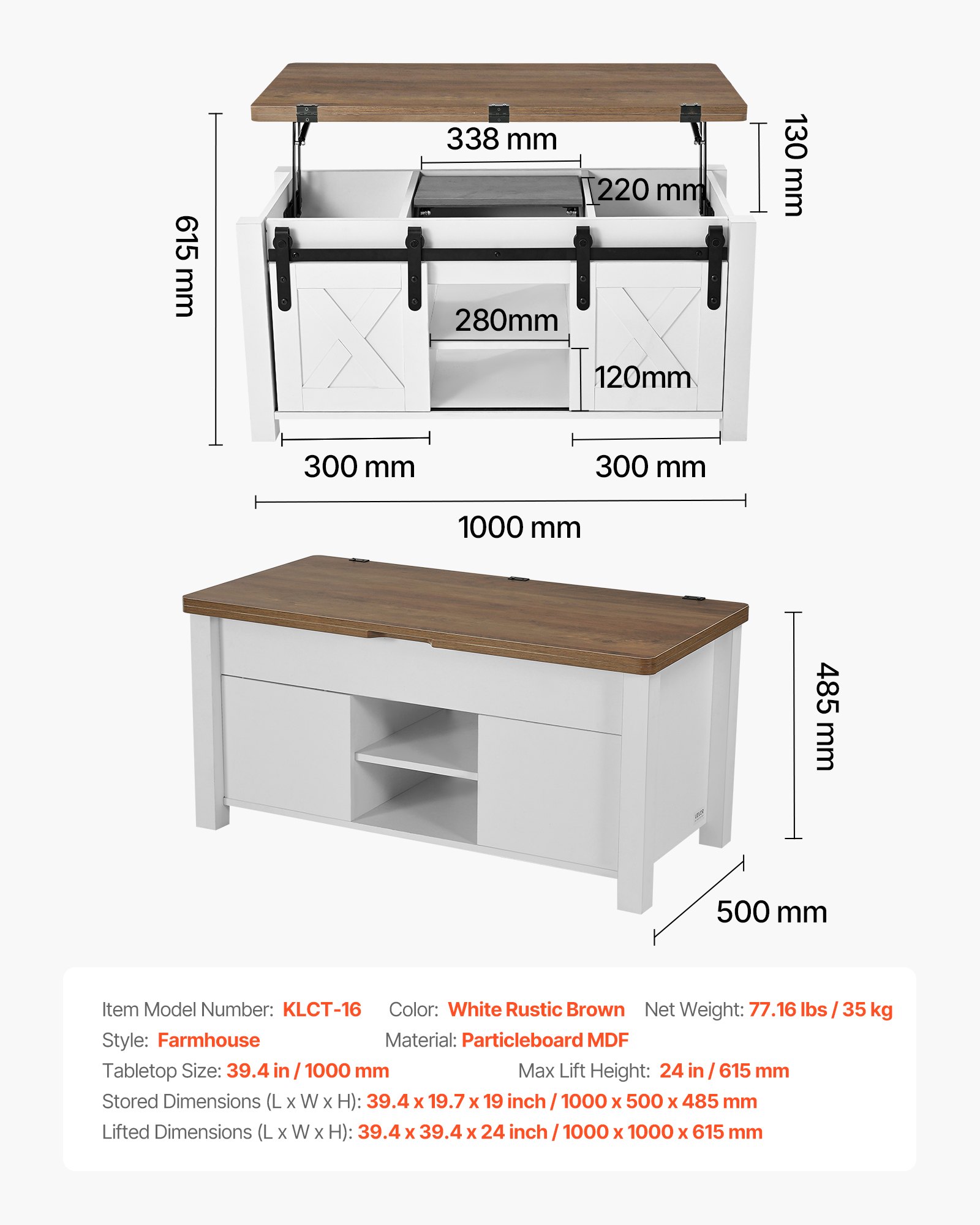 VEVOR Lift Top Couchtisch 100 cm, rustikaler Kaffeetisch mit Scheunentor & verstecktem Staufach, rechteckige Hubtischplatte für Wohnzimmer Büro Zuhause, Wohnzimmertisch Sofatisch Braun + Weiß
