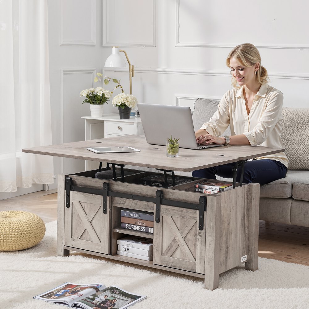 VEVOR Lift Top Couchtisch 100 cm, rustikaler Kaffeetisch mit Scheunentor & verstecktem Staufach, rechteckige Hubtischplatte für Wohnzimmer Büro Zuhause, Wohnzimmertisch Sofatisch Esstisch Eiche
