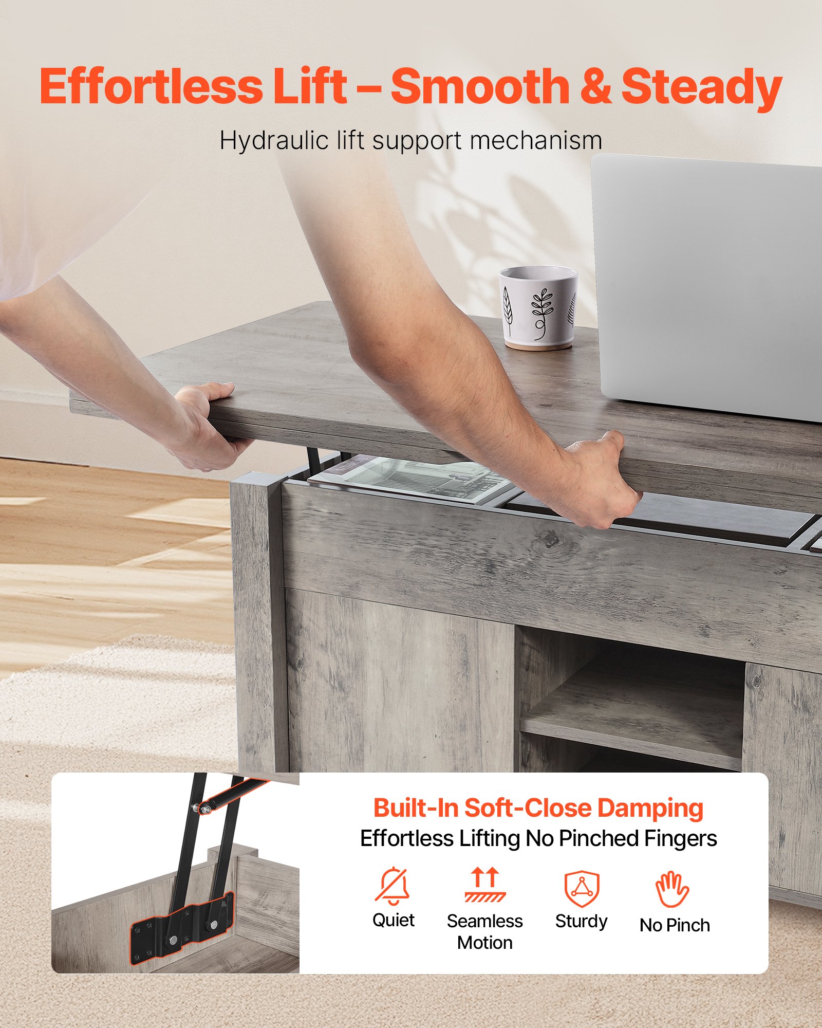 VEVOR Lift Top Couchtisch 100 cm, rustikaler Kaffeetisch mit Scheunentor & verstecktem Staufach, rechteckige Hubtischplatte für Wohnzimmer Büro Zuhause, Wohnzimmertisch Sofatisch Esstisch Eiche