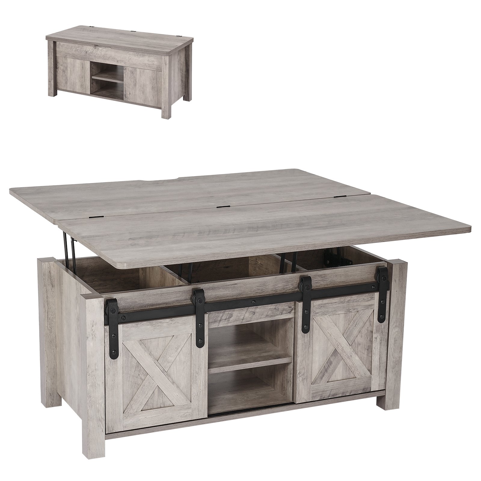 VEVOR Lift Top Couchtisch 100 cm, rustikaler Kaffeetisch mit Scheunentor & verstecktem Staufach, rechteckige Hubtischplatte für Wohnzimmer Büro Zuhause, Wohnzimmertisch Sofatisch Esstisch Eiche