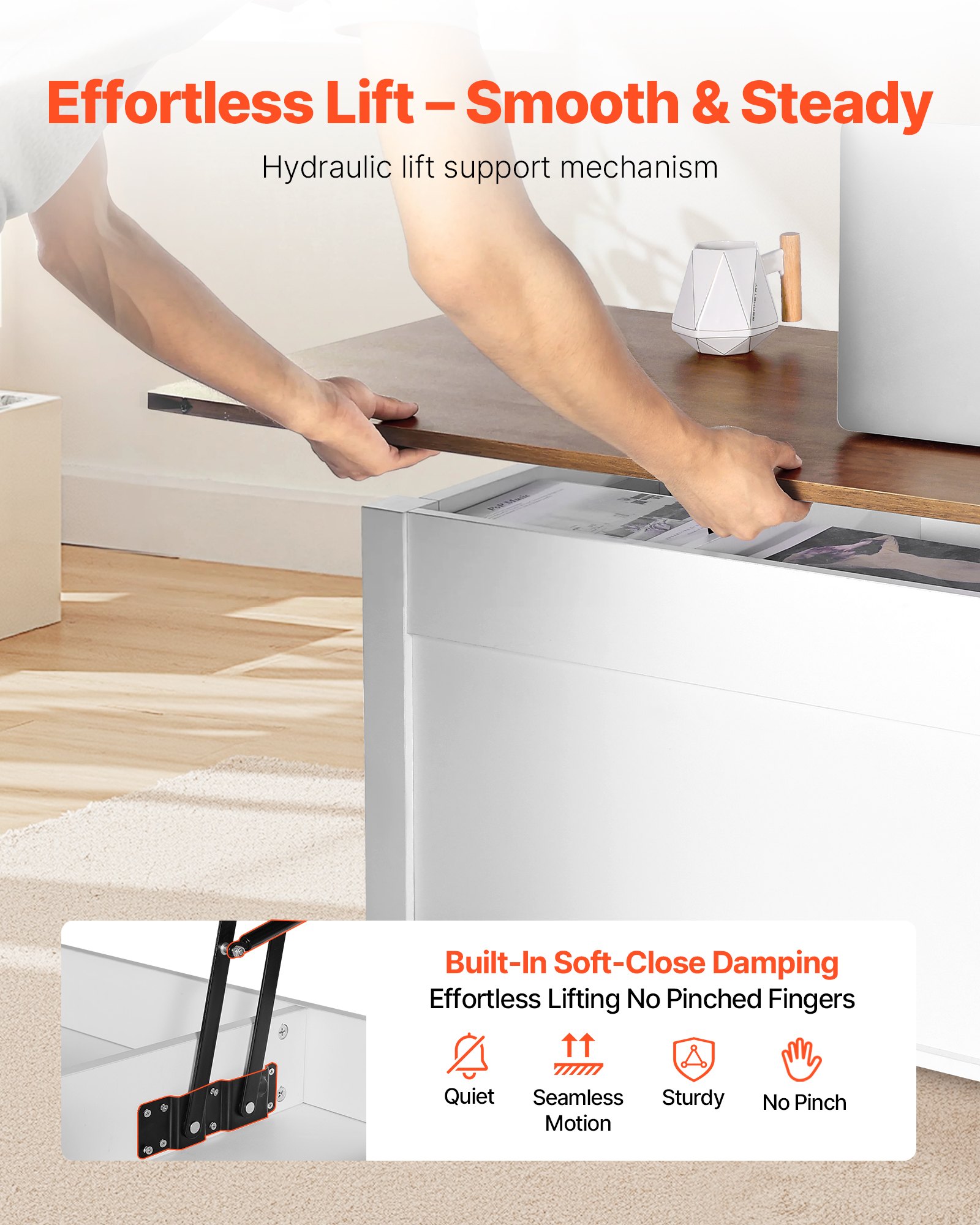 VEVOR Lift Top Couchtisch 120 cm, rustikaler Kaffeetisch mit Scheunentor & verstecktem Staufach, moderne rechteckige Hubtischplatte für Wohnzimmer Büro Zuhause, Wohnzimmertisch Sofatisch weiß