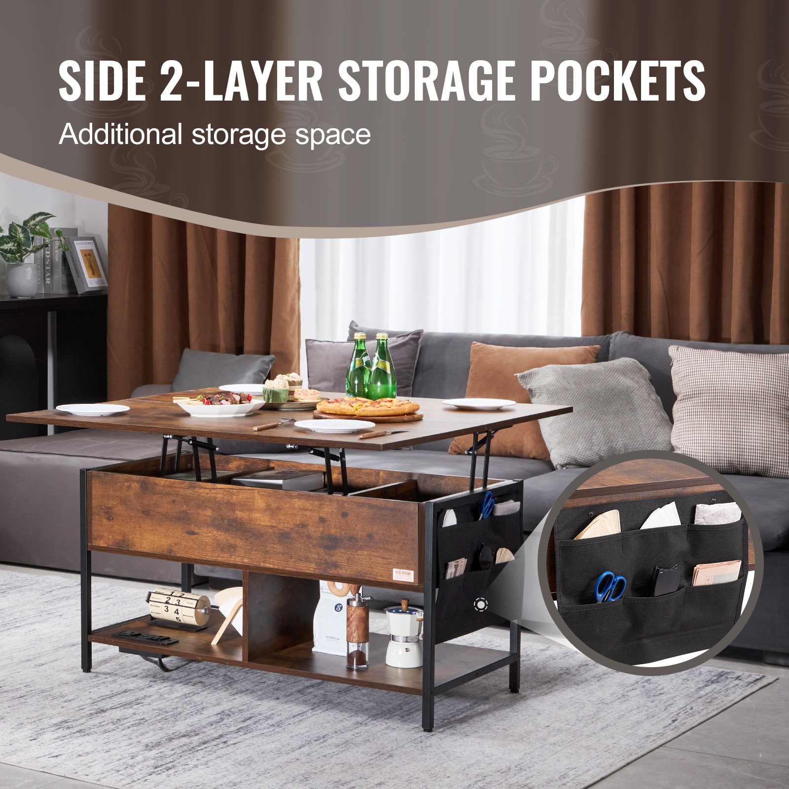 VEVOR Couchtisch mit anhebbarer Platte, 39,4 Zoll großer rechteckiger Couchtisch mit zusätzlichen Aufbewahrungstaschen, umklappbarer Couchtisch mit Steckdosenleiste & USB & Ambientebeleuchtung für das Wohnzimmer, braun