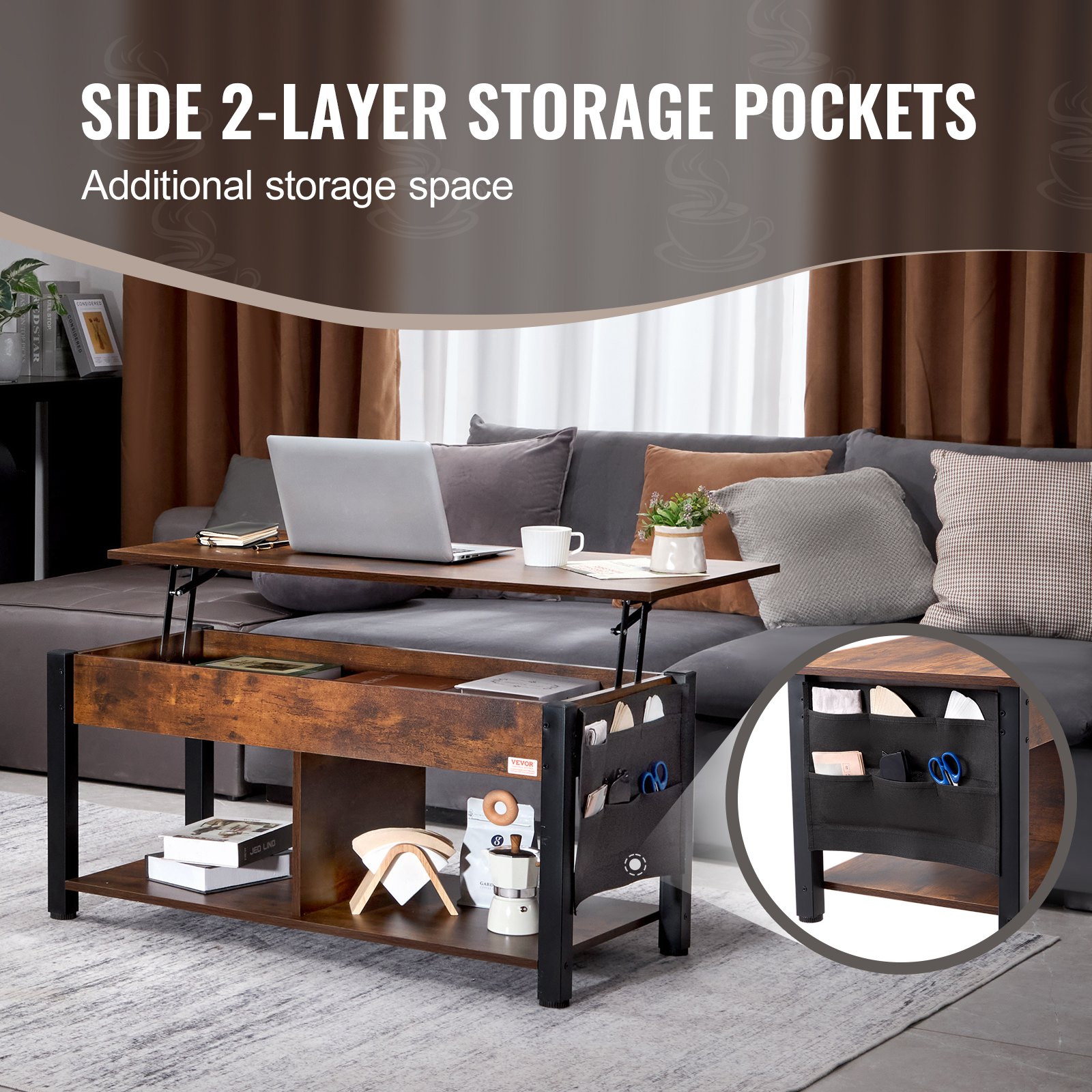 VEVOR Couchtisch mit anhebbarer Platte, rechteckiger 41,7-Zoll-Couchtisch mit zusätzlichen Aufbewahrungstaschen, aufklappbarer Couchtisch für das Wohnzimmer, braun