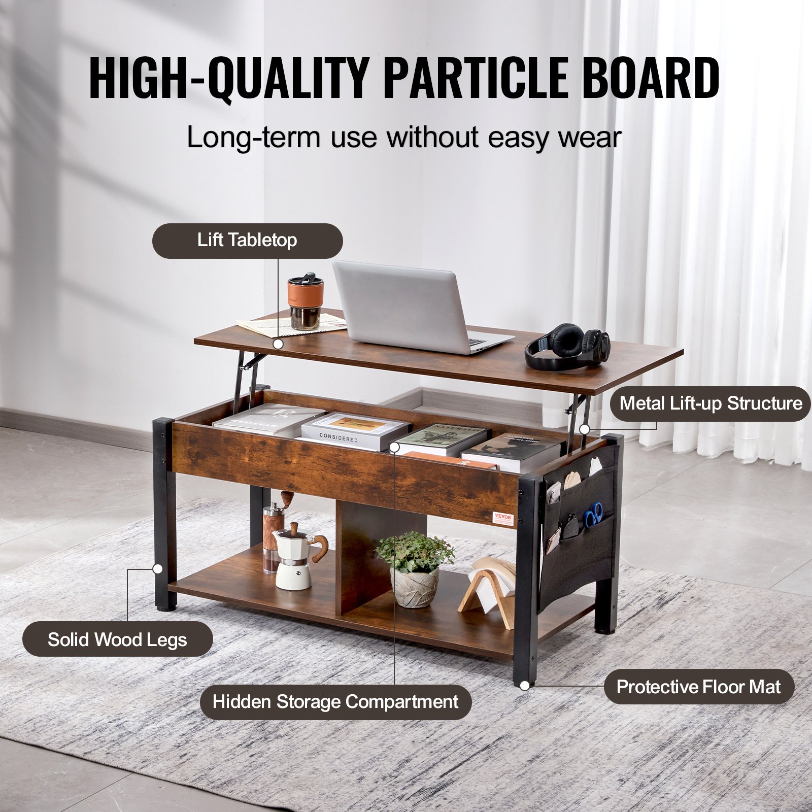 VEVOR Couchtisch mit anhebbarer Platte, rechteckiger 41,7-Zoll-Couchtisch mit zusätzlichen Aufbewahrungstaschen, aufklappbarer Couchtisch für das Wohnzimmer, braun