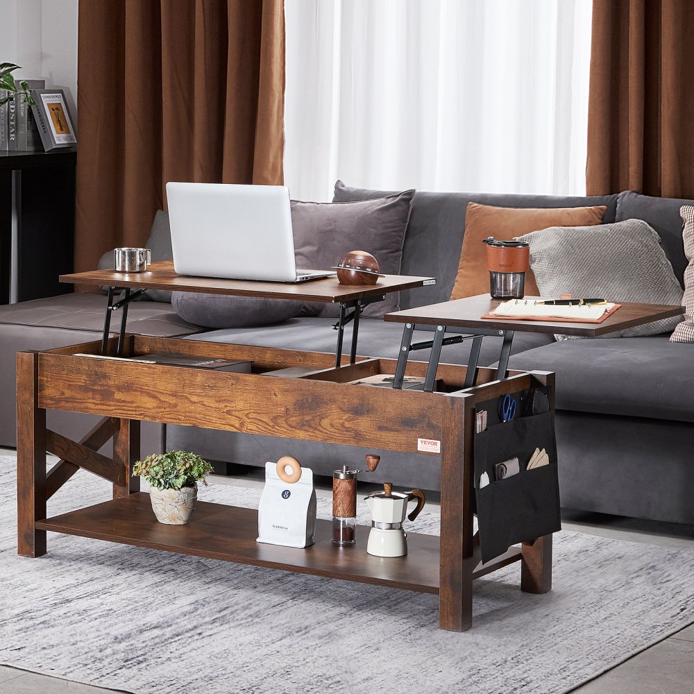 VEVOR Couchtisch mit anhebbarer Platte, rechteckiger 47,5-Zoll-Couchtisch mit zusätzlichen Aufbewahrungstaschen, aufklappbarer Couchtisch für das Wohnzimmer, braun