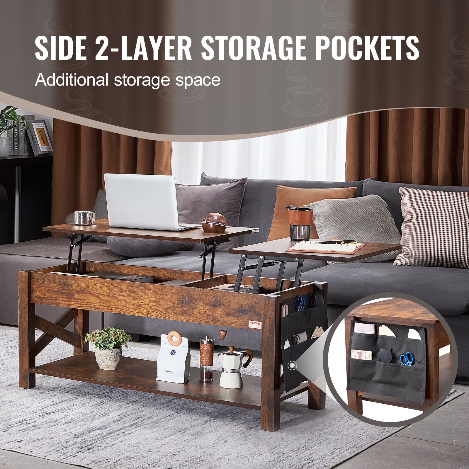VEVOR Couchtisch mit anhebbarer Platte, rechteckiger 47,5-Zoll-Couchtisch mit zusätzlichen Aufbewahrungstaschen, aufklappbarer Couchtisch für das Wohnzimmer, braun