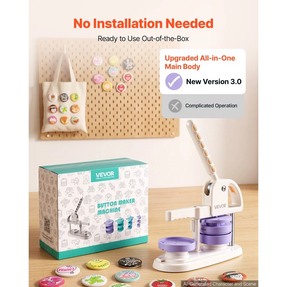 VEVOR Buttonmaschine ⌀58/75 mm Button Maker Knopfmacher Abzeichenmaschine, für DIY-Anstecker Pins Schlüsselanhänge, Pin Maker aus Kunststoff mit 200 Button-Rohlingen, Kreisschneider & Zauberbuch