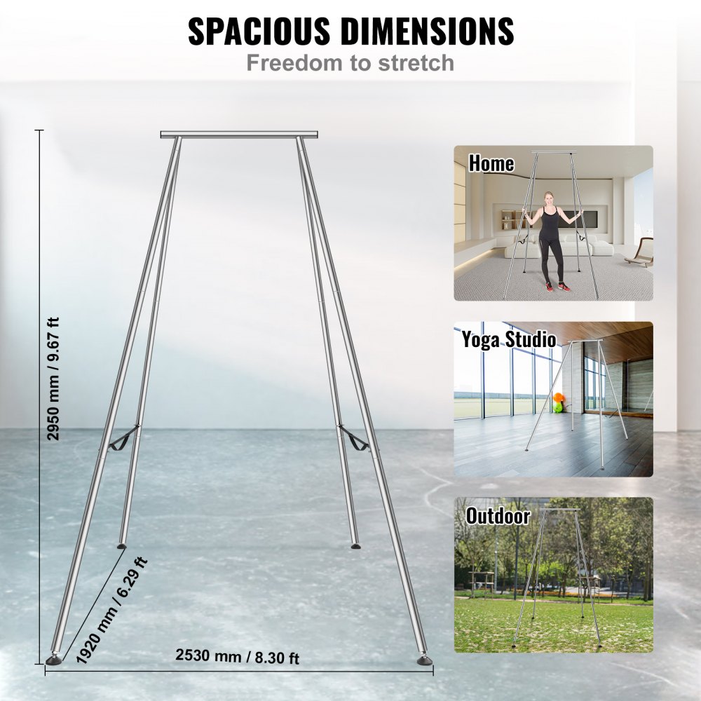 VEVOR Aerial Yogarahmen 253 x 192 x 295 cm, Silber Yoga Swing Air Fliegen Stand, Outdoor Indoor Yoga-Schaukel-Gestell Yoga Zubehör 250 kg Max. Tragfähigkeit, inkl. Sicherheitsseilen & Fußpolster