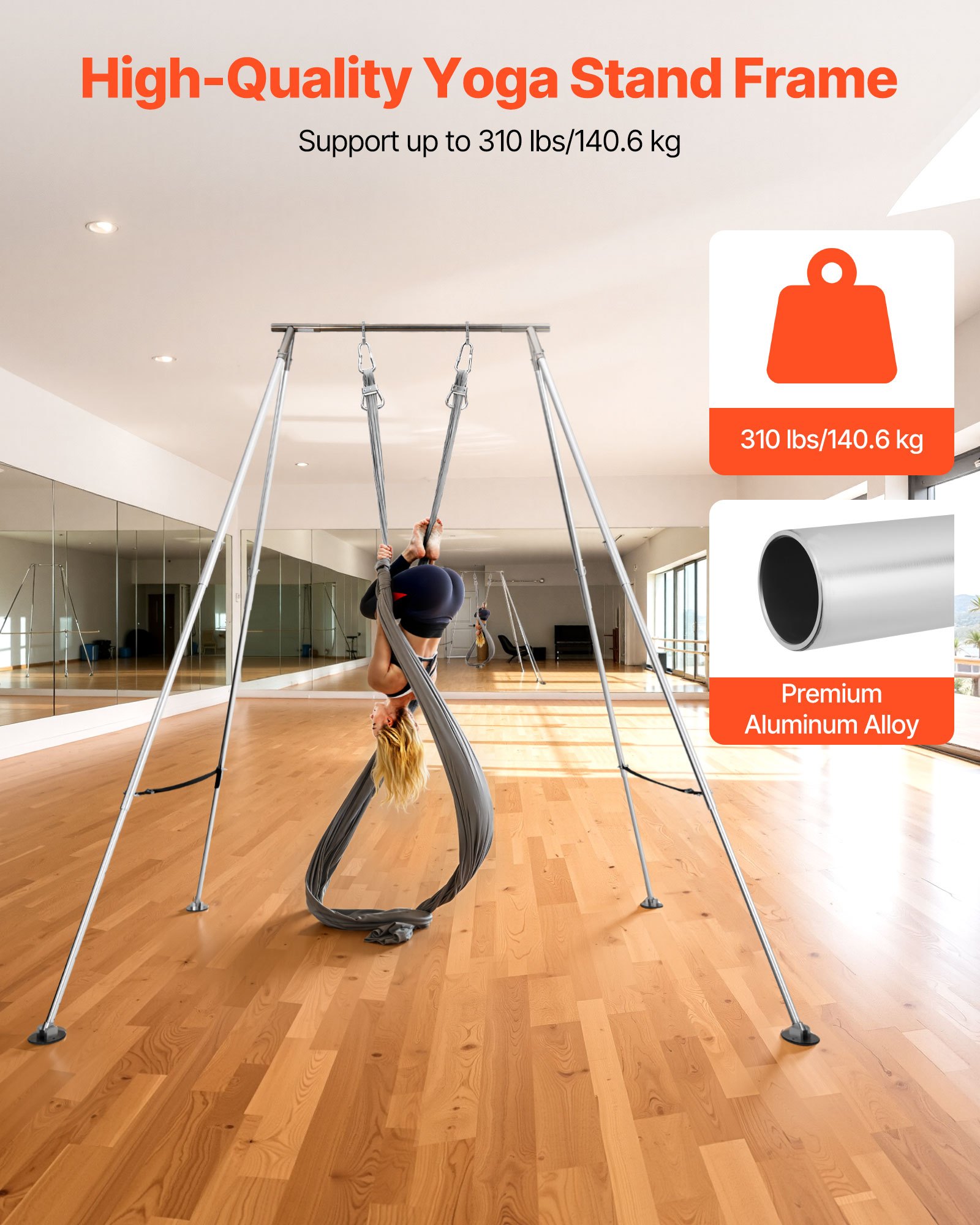 VEVOR Yoga-Ständerrahmen Schaukelständer mit max. 140,6 kg Tragkraft, Klimmzugständer mit dreieckiger Struktur, Luftseidenständer mit höhenverstellbaren Beinen aus Aluminiumrahmen, Aerial Yoga