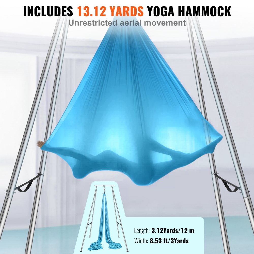 VEVOR Aerial Yoga Hängematte mit Yogarahmen 12 x 2,6 m, Blau Yoga Swing Air Fliegen, Yoga-Schaukel Hammock Swing 250 kg Max. Tragfähigkeit, inkl. Yoga-Socken & Fußpolster, Anti-Gravity-Übungen
