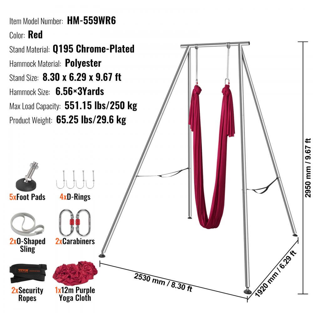 VEVOR Aerial Yoga Hängematte mit Yogarahmen 6 x 2,6 m, Rot Yoga Swing Air Fliegen, Yoga-Schaukel Hammock Swing 250 kg Max. Tragfähigkeit, inkl. Yoga-Socken & Fußpolster, Anti-Gravity-Übungen