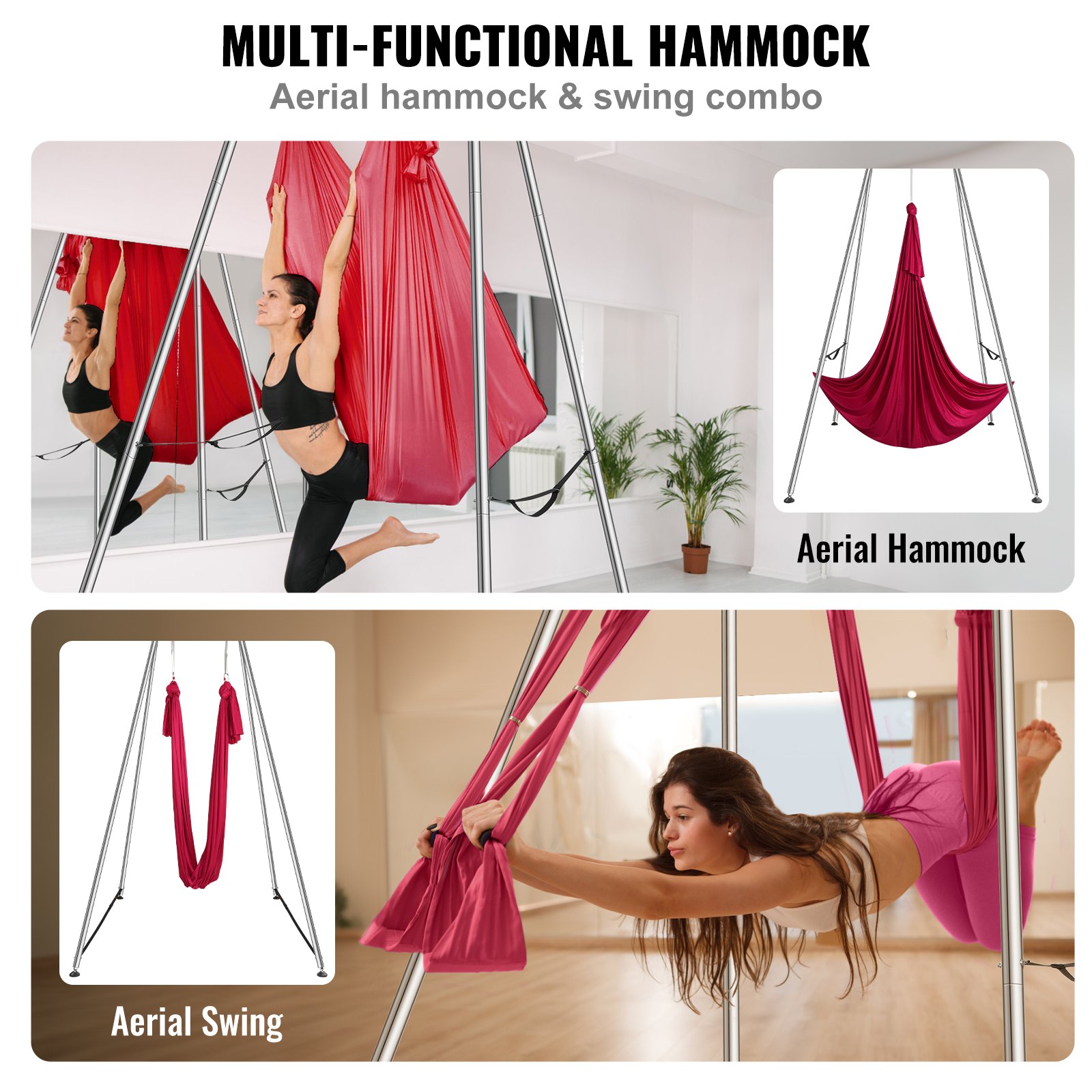 VEVOR Aerial Yoga Hängematte mit Yogarahmen 6 x 2,6 m, Rot Yoga Swing Air Fliegen, Yoga-Schaukel Hammock Swing 250 kg Max. Tragfähigkeit, inkl. Yoga-Socken & Fußpolster, Anti-Gravity-Übungen