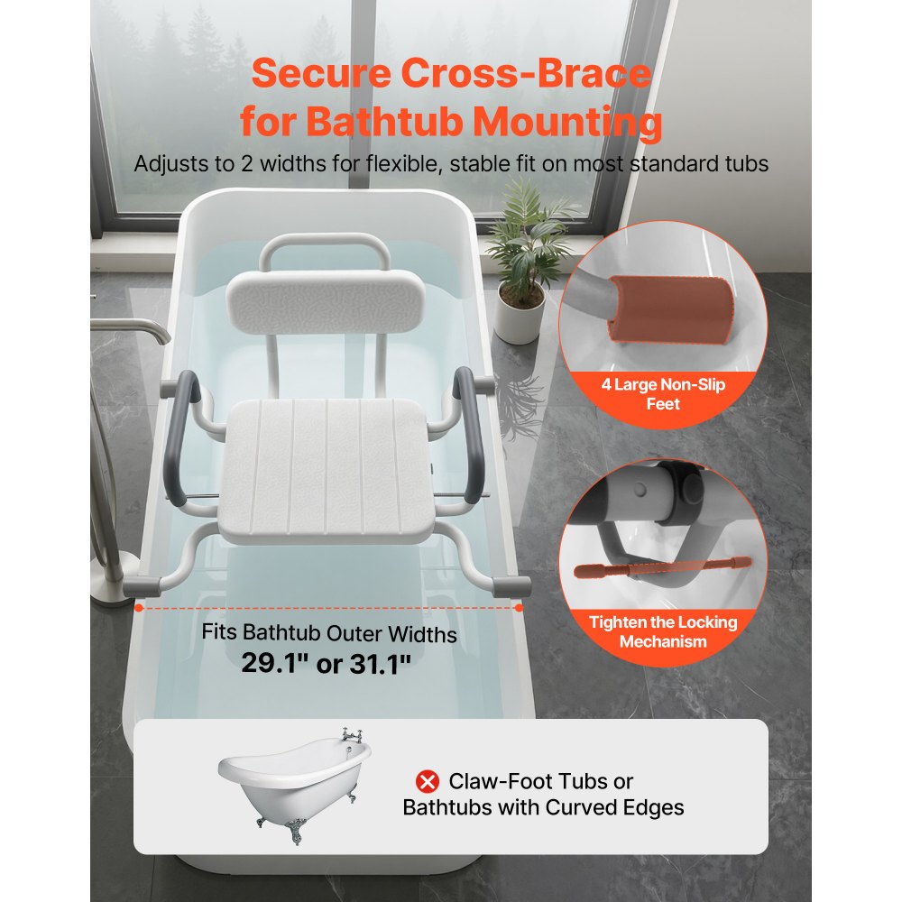 VEVOR Swivel Shower Chair with Arms and Back, 100 kg Heavy Duty Bench Seat for Inside Shower Stall and Bathtub Mounting, Bathroom Bath Tub Seat for Adults, Seniors, Handicap, Elderly and Disabled