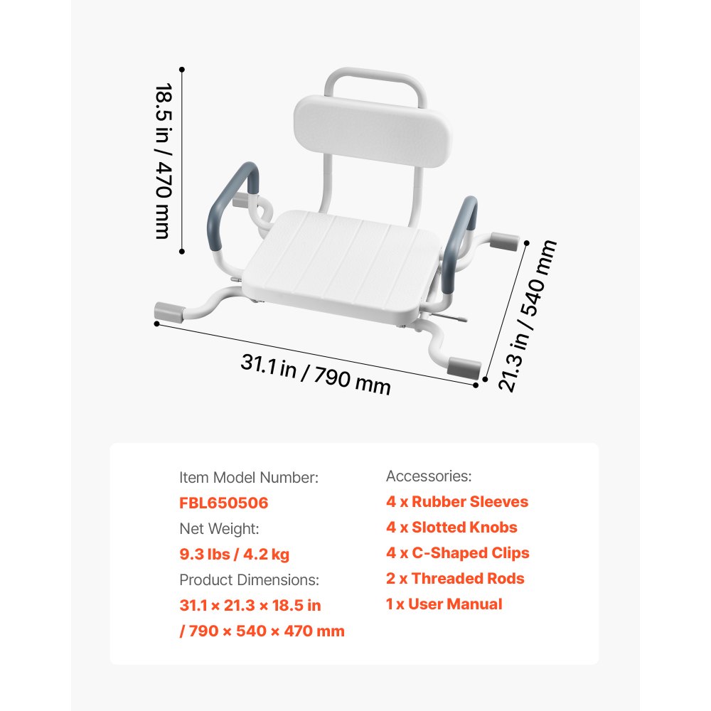 VEVOR Swivel Shower Chair with Arms and Back, 100 kg Heavy Duty Bench Seat for Inside Shower Stall and Bathtub Mounting, Bathroom Bath Tub Seat for Adults, Seniors, Handicap, Elderly and Disabled
