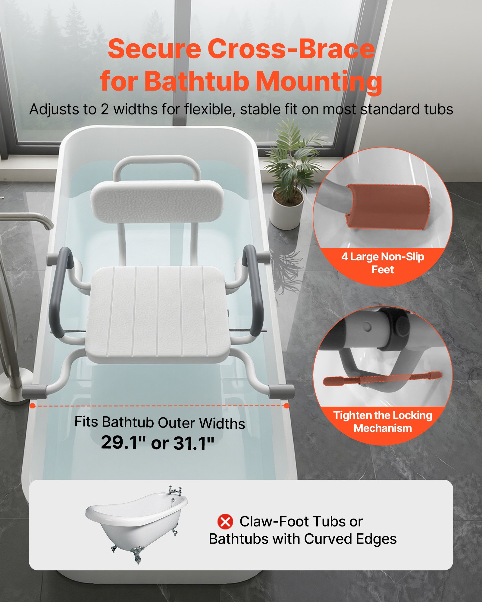 VEVOR Swivel Shower Chair with Arms and Back, 100 kg Heavy Duty Bench Seat for Inside Shower Stall and Bathtub Mounting, Bathroom Bath Tub Seat for Adults, Seniors, Handicap, Elderly and Disabled