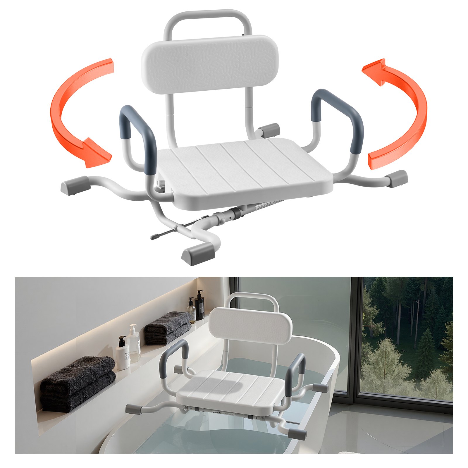 VEVOR Swivel Shower Chair with Arms and Back, 100 kg Heavy Duty Bench Seat for Inside Shower Stall and Bathtub Mounting, Bathroom Bath Tub Seat for Adults, Seniors, Handicap, Elderly and Disabled
