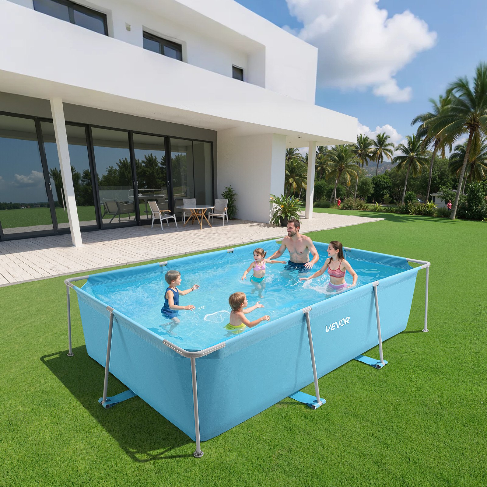 VEVOR Frame Pool, Aufstellpool, 3000x2000x762 mm, Stahlrahmen Schwimmbecken, rechteckiger Stahlrahmenbecken, Rahmenpool für Garten, Gartenpool mit 3960 L Wasserkapazität, für 4–5 Personen, blau
