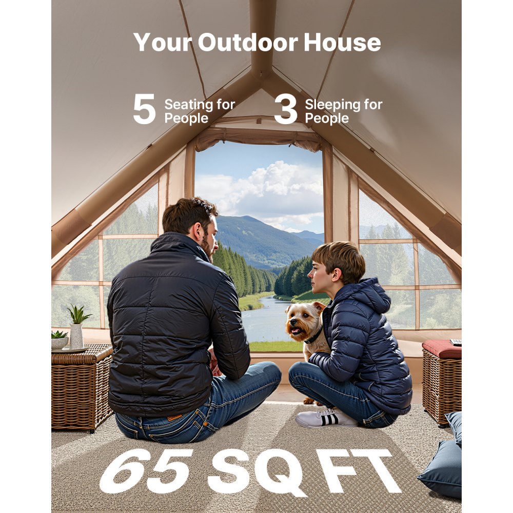 VEVOR Aufblasbare Zelte für Camping 3x2x2m, 3–5 Personen, 300D Oxford 4-Jahreszeiten-Glamping-Zelt mit Handpumpe, Ofenanschluss, 2 Türen & 2 Netzfenstern, inkl. Aufbewahrungstasche für Transport