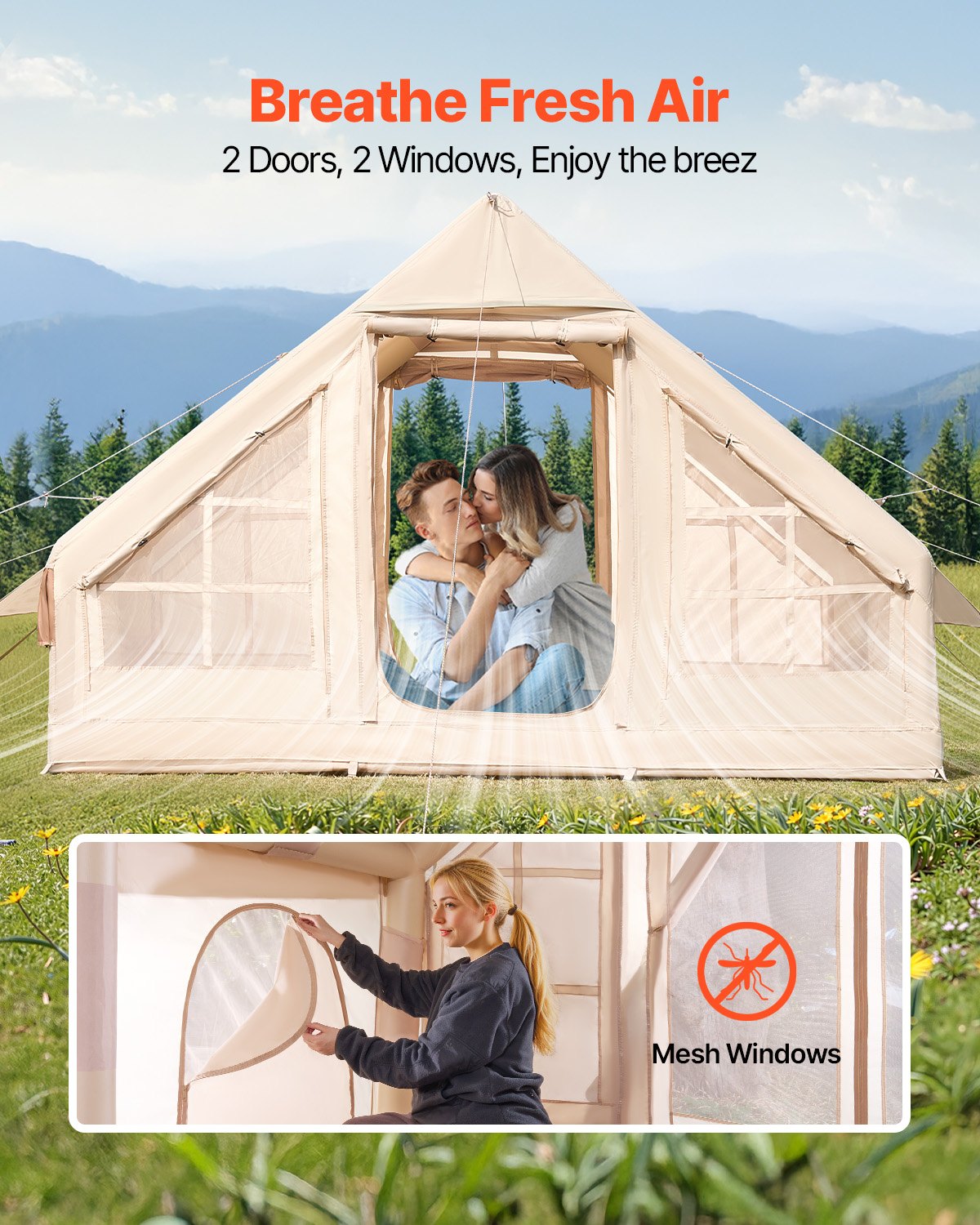 VEVOR Aufblasbare Zelte für Camping 3x2x2m, 3–5 Personen, 300D Oxford 4-Jahreszeiten-Glamping-Zelt mit Handpumpe, Ofenanschluss, 2 Türen & 2 Netzfenstern, inkl. Aufbewahrungstasche für Transport