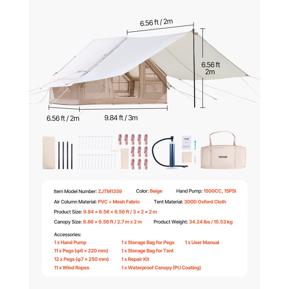 VEVOR Aufblasbare Zelte für Camping 3x2x2 m, 3–5 Personen, 300D Oxford 4-Jahreszeiten-Glamping-Zelt mit Baldachin, Handpumpe, Ofenanschluss, 2 Türen & 2 Netzfenstern (Aufbewahrungstasche inkl.)