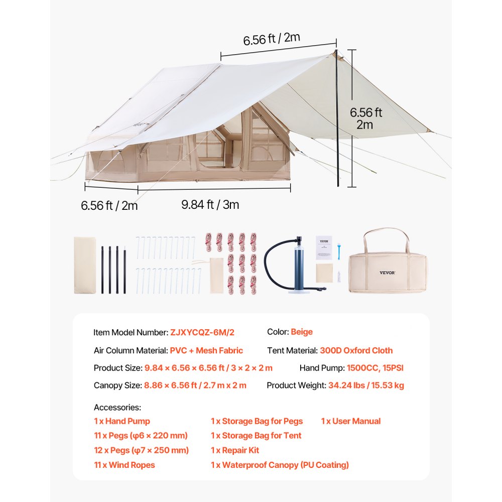 VEVOR Aufblasbare Zelte für Camping 3x2x2 m, 3–5 Personen, 300D Oxford 4-Jahreszeiten-Glamping-Zelt mit Baldachin, Handpumpe, Ofenanschluss, 2 Türen & 2 Netzfenstern (Aufbewahrungstasche inkl.)