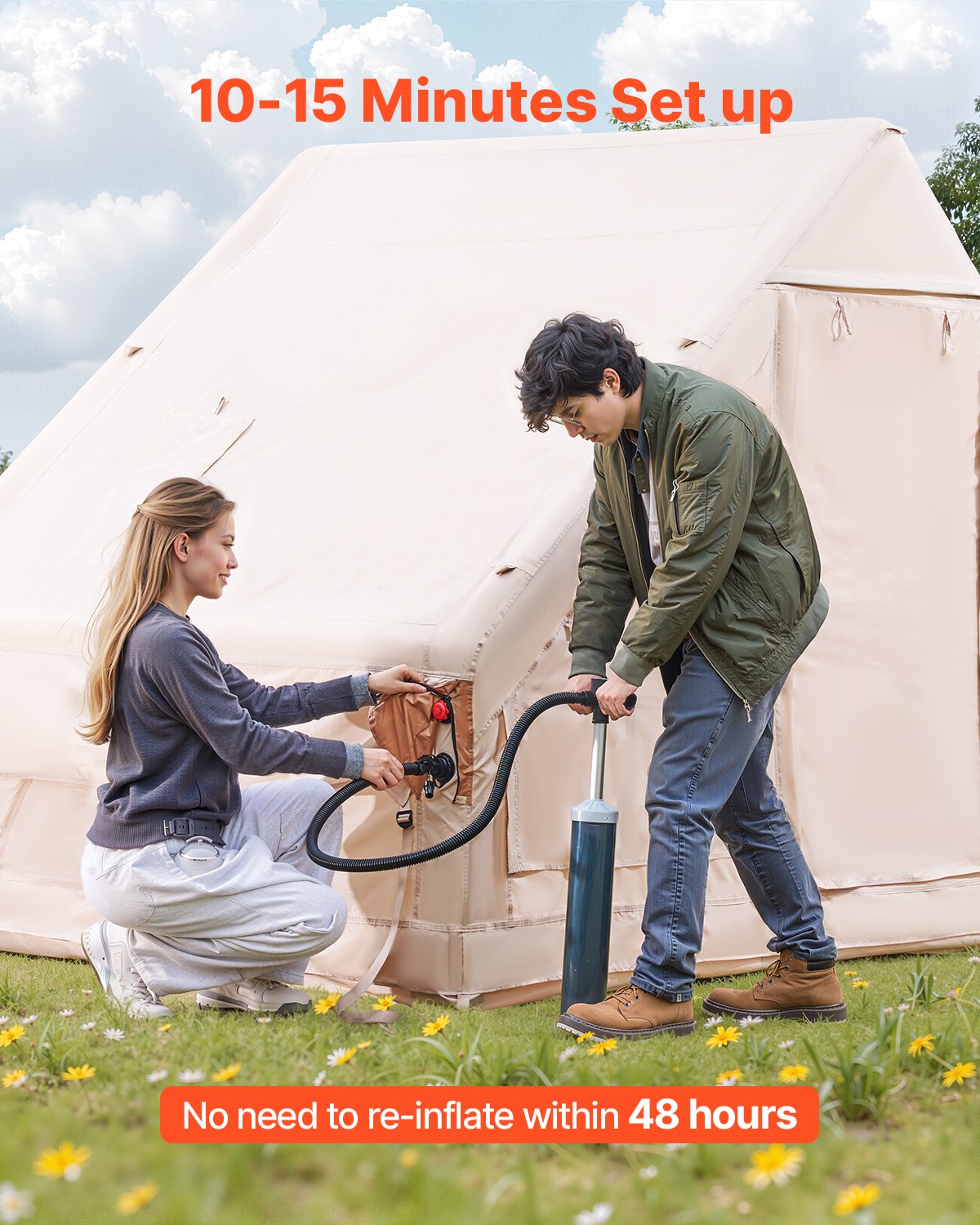 VEVOR Aufblasbare Zelte für Camping 3x2x2 m, 3–5 Personen, 300D Oxford 4-Jahreszeiten-Glamping-Zelt mit Baldachin, Handpumpe, Ofenanschluss, 2 Türen & 2 Netzfenstern (Aufbewahrungstasche inkl.)