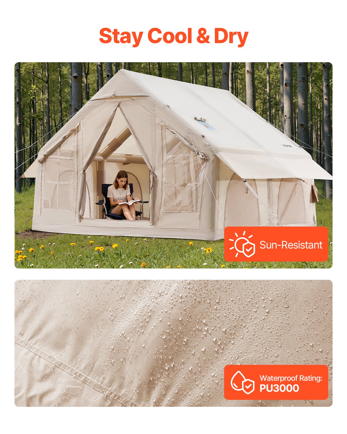 VEVOR Aufblasbare Zelte für Camping 3x3x2,3 m, 4–6 Personen, 300D Oxford 4-Jahreszeiten-Glamping-Zelt mit Handpumpe, Ofenanschluss, 2 Türen & 4 Netzfenstern, inkl. Aufbewahrungstasche für Transport