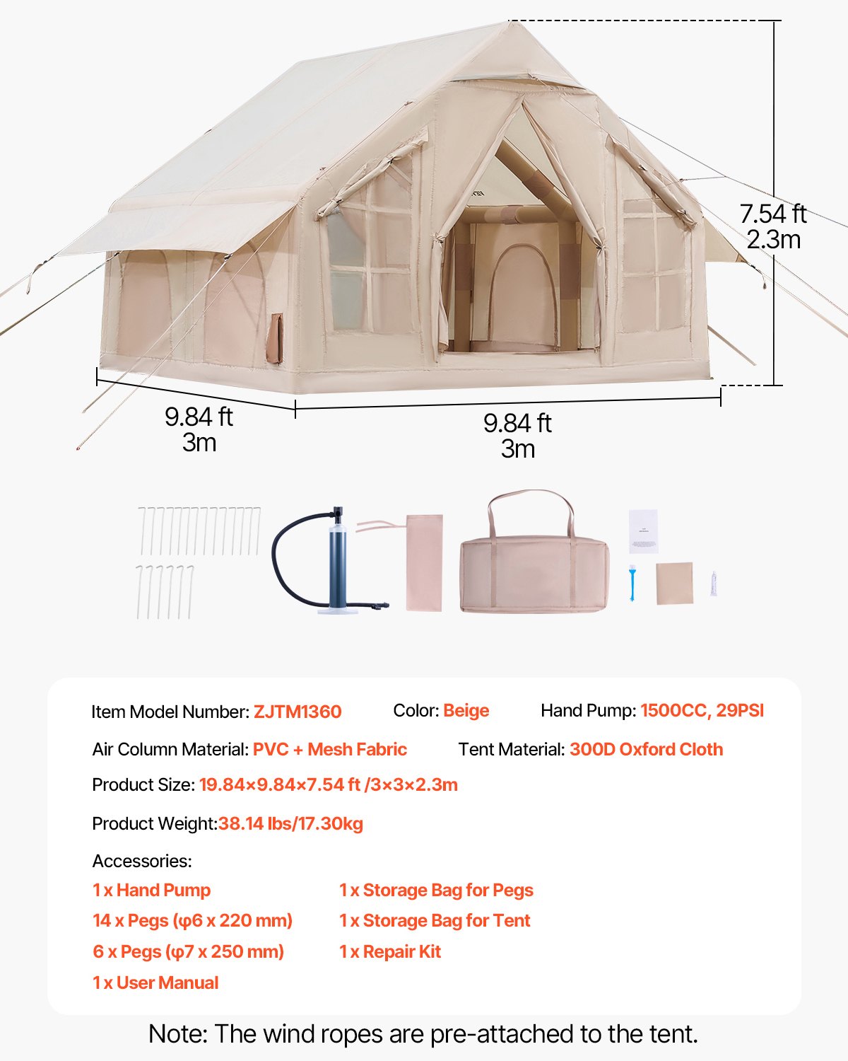 VEVOR Aufblasbare Zelte für Camping 3x3x2,3 m, 4–6 Personen, 300D Oxford 4-Jahreszeiten-Glamping-Zelt mit Handpumpe, Ofenanschluss, 2 Türen & 4 Netzfenstern, inkl. Aufbewahrungstasche für Transport