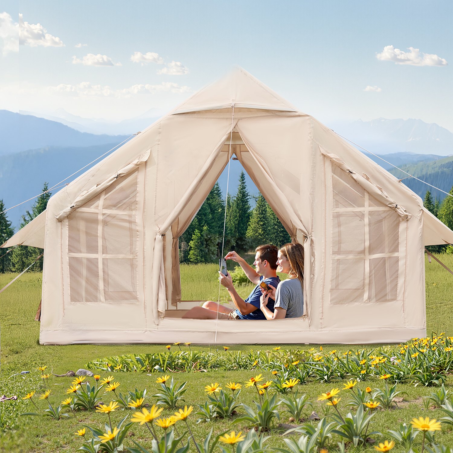 VEVOR Aufblasbare Zelte für Camping 3x3x2,3 m, 4–6 Personen, 300D Oxford 4-Jahreszeiten-Glamping-Zelt mit Handpumpe, Ofenanschluss, 2 Türen & 4 Netzfenstern, inkl. Aufbewahrungstasche für Transport