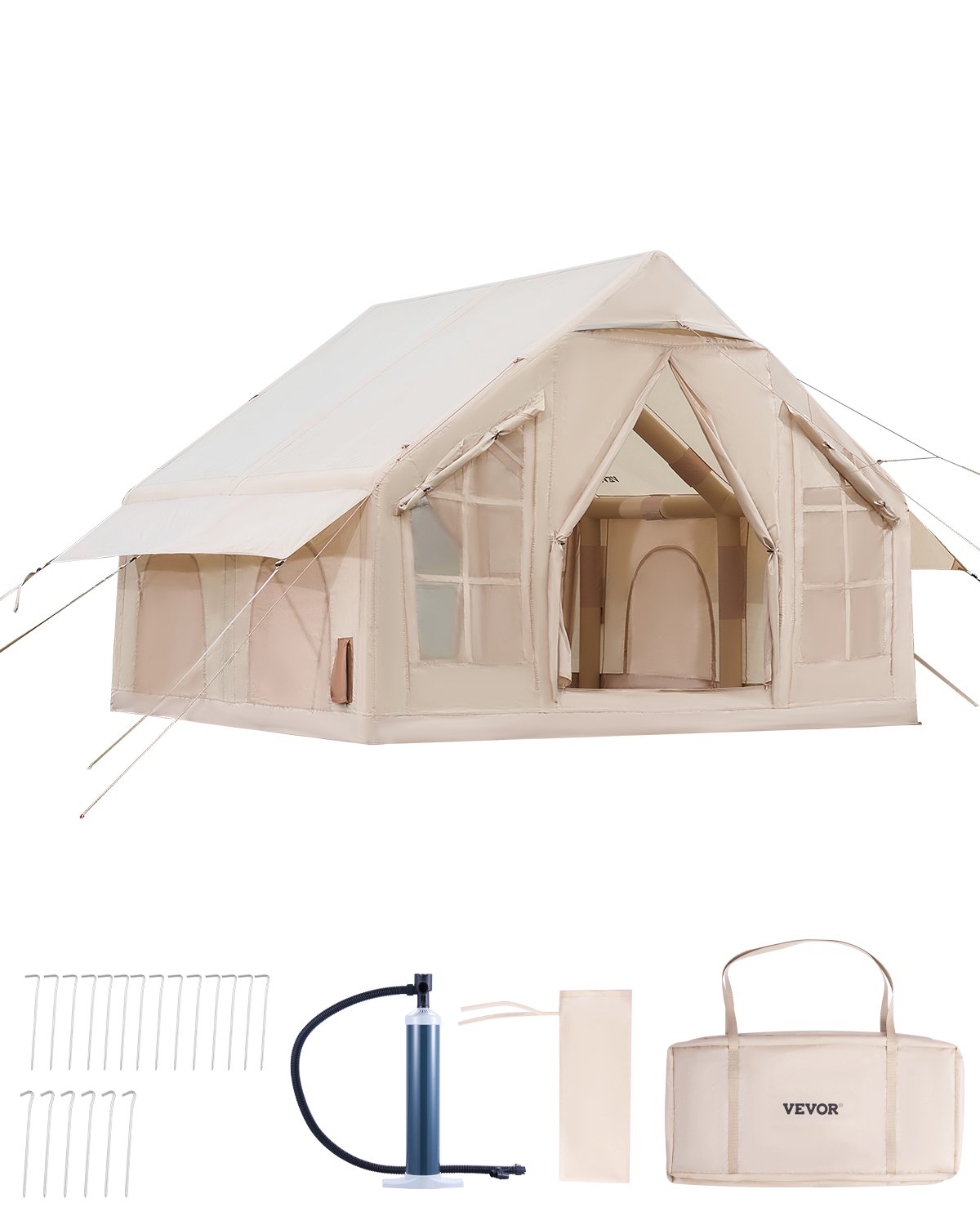 VEVOR Aufblasbare Zelte für Camping 3x3x2,3 m, 4–6 Personen, 300D Oxford 4-Jahreszeiten-Glamping-Zelt mit Handpumpe, Ofenanschluss, 2 Türen & 4 Netzfenstern, inkl. Aufbewahrungstasche für Transport