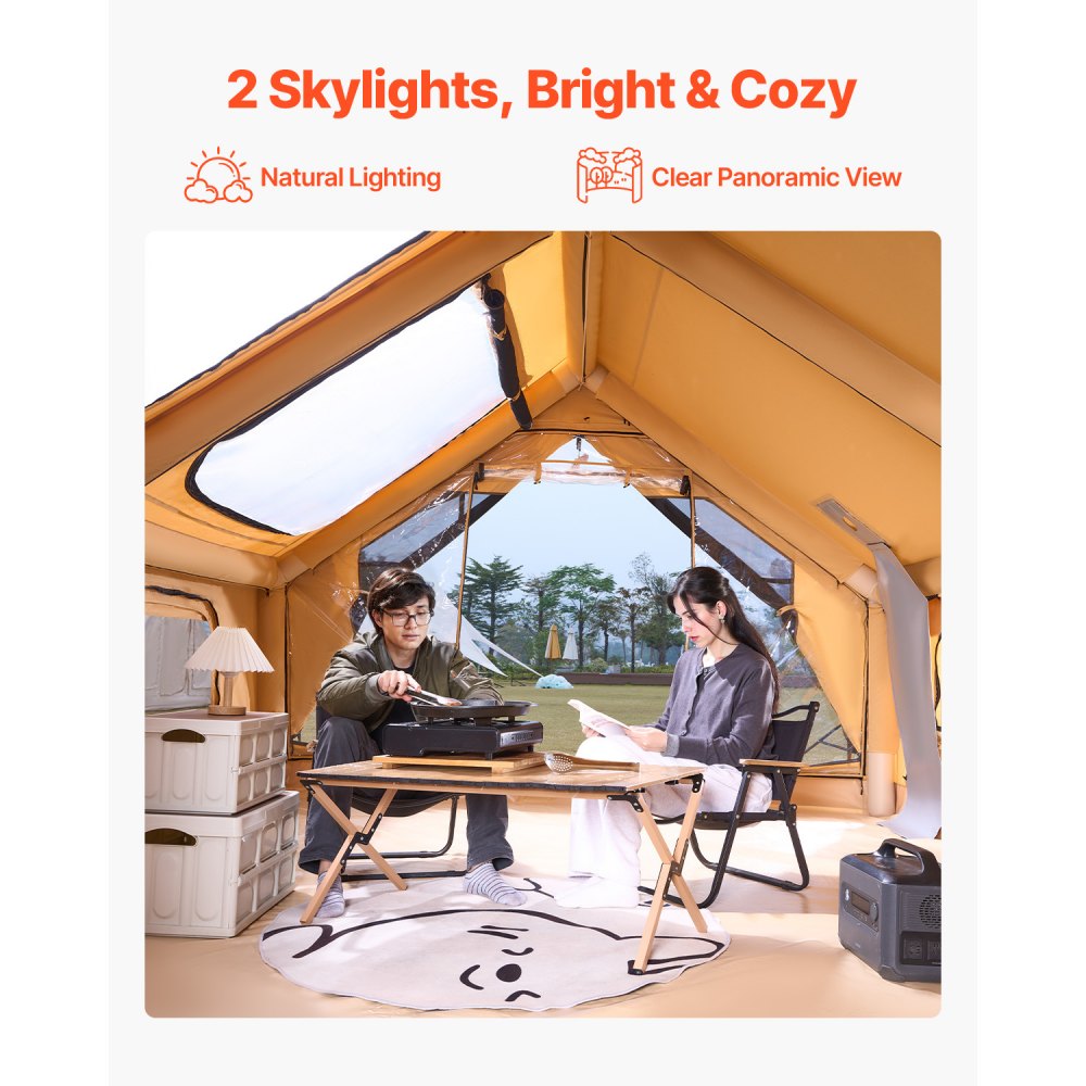 VEVOR Aufblasbares Zelt für Camping, 5-8 Personen Zelt mit Handpumpe, 4x3x2,2 m Glamping-Zelt mit 2 Oberlichtern, Baldachin, Ofenanschluss, 2 Türen, Netzfenstern & Aufbewahrungstasche