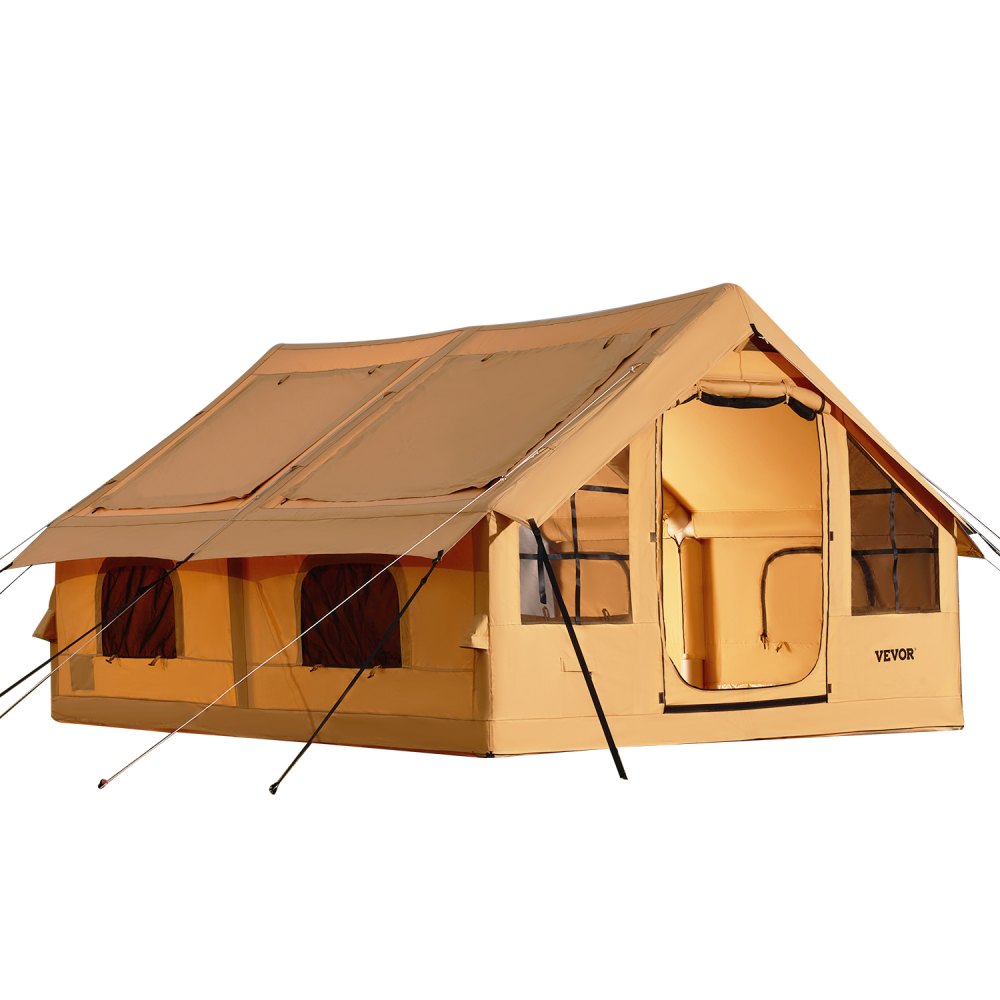VEVOR Aufblasbares Zelt für Camping, 5-8 Personen Zelt mit Handpumpe, 4x3x2,2 m Glamping-Zelt mit 2 Oberlichtern, Baldachin, Ofenanschluss, 2 Türen, Netzfenstern & Aufbewahrungstasche