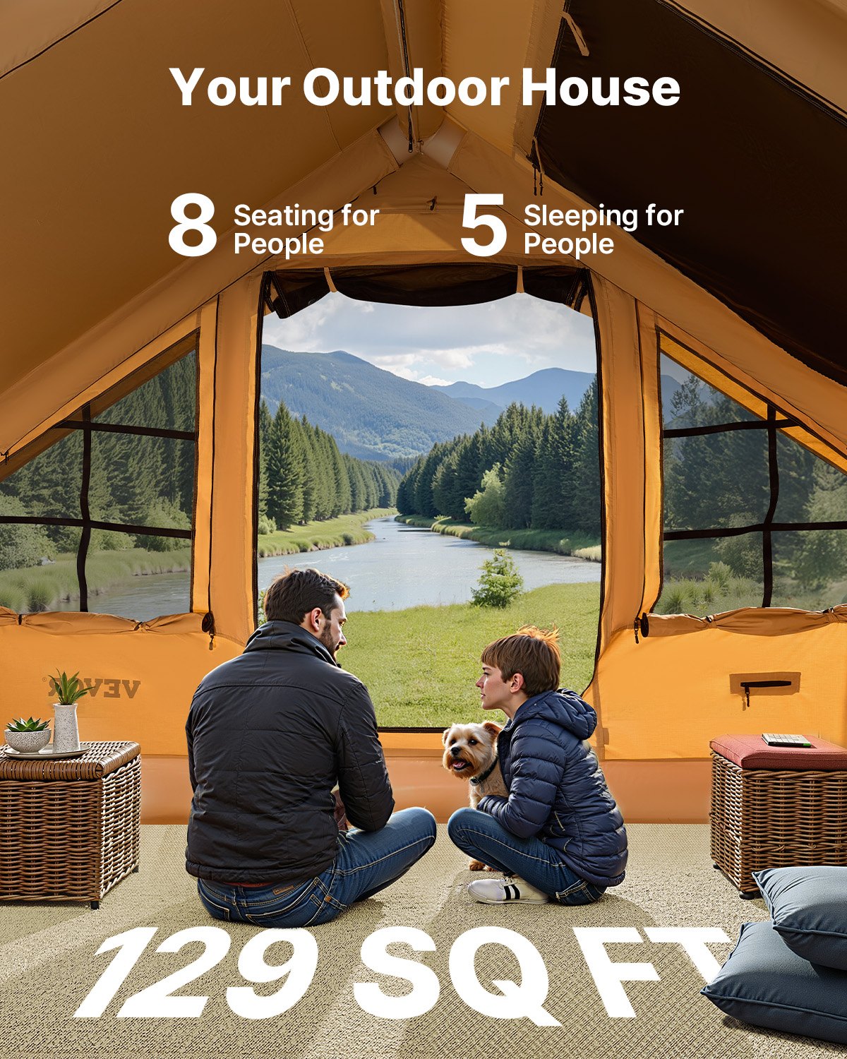 VEVOR Aufblasbares Zelt für Camping, 5-8 Personen Zelt mit Handpumpe, 4x3x2,2 m Glamping-Zelt mit 2 Oberlichtern, Baldachin, Ofenanschluss, 2 Türen, Netzfenstern & Aufbewahrungstasche