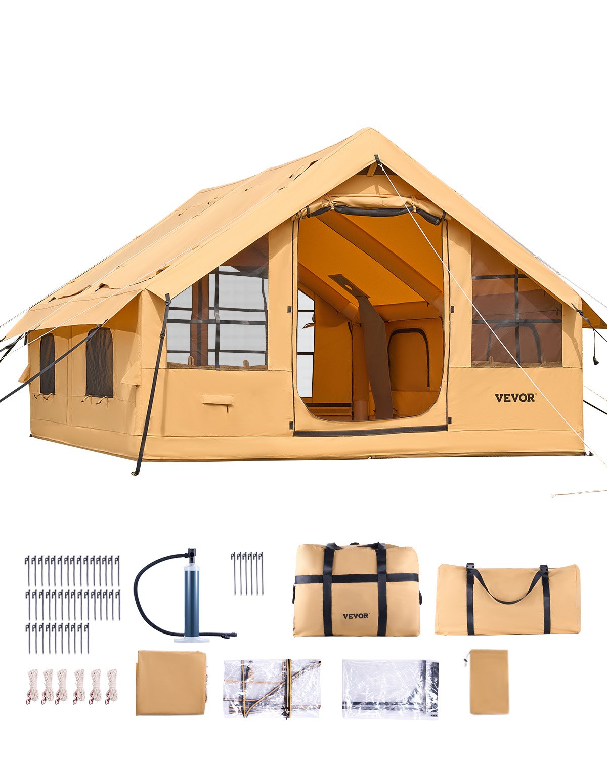 VEVOR Aufblasbares Zelt für Camping, 5-8 Personen Zelt mit Handpumpe, 4x3x2,2 m Glamping-Zelt mit 2 Oberlichtern, Baldachin, Ofenanschluss, 2 Türen, Netzfenstern & Aufbewahrungstasche