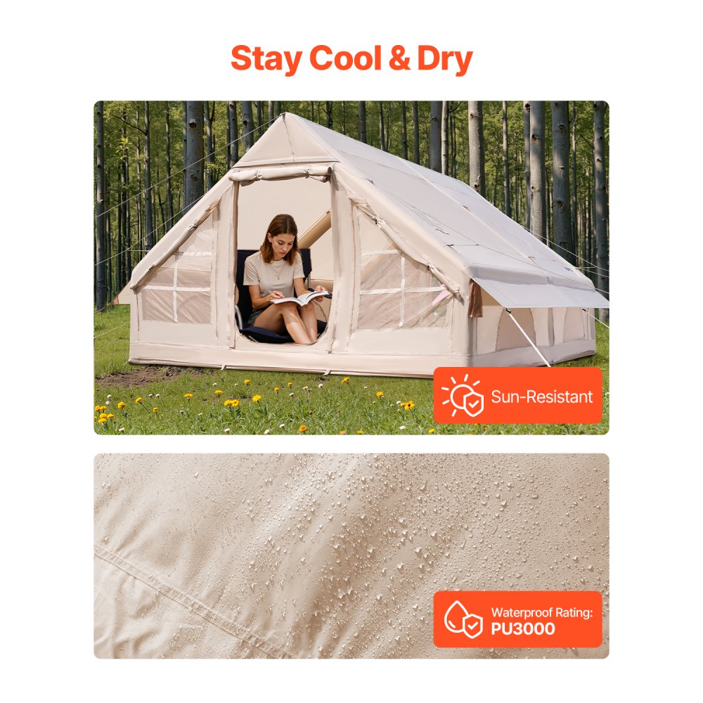 VEVOR Aufblasbare Zelte für Camping 4x3x2 m, 5–8 Personen, 300D Oxford Glamping-Zelt mit Ofenanschluss, Handpumpe 2 Türen & 4 Netzfenstern, inkl. Aufbewahrungstasche für einfachen Transport